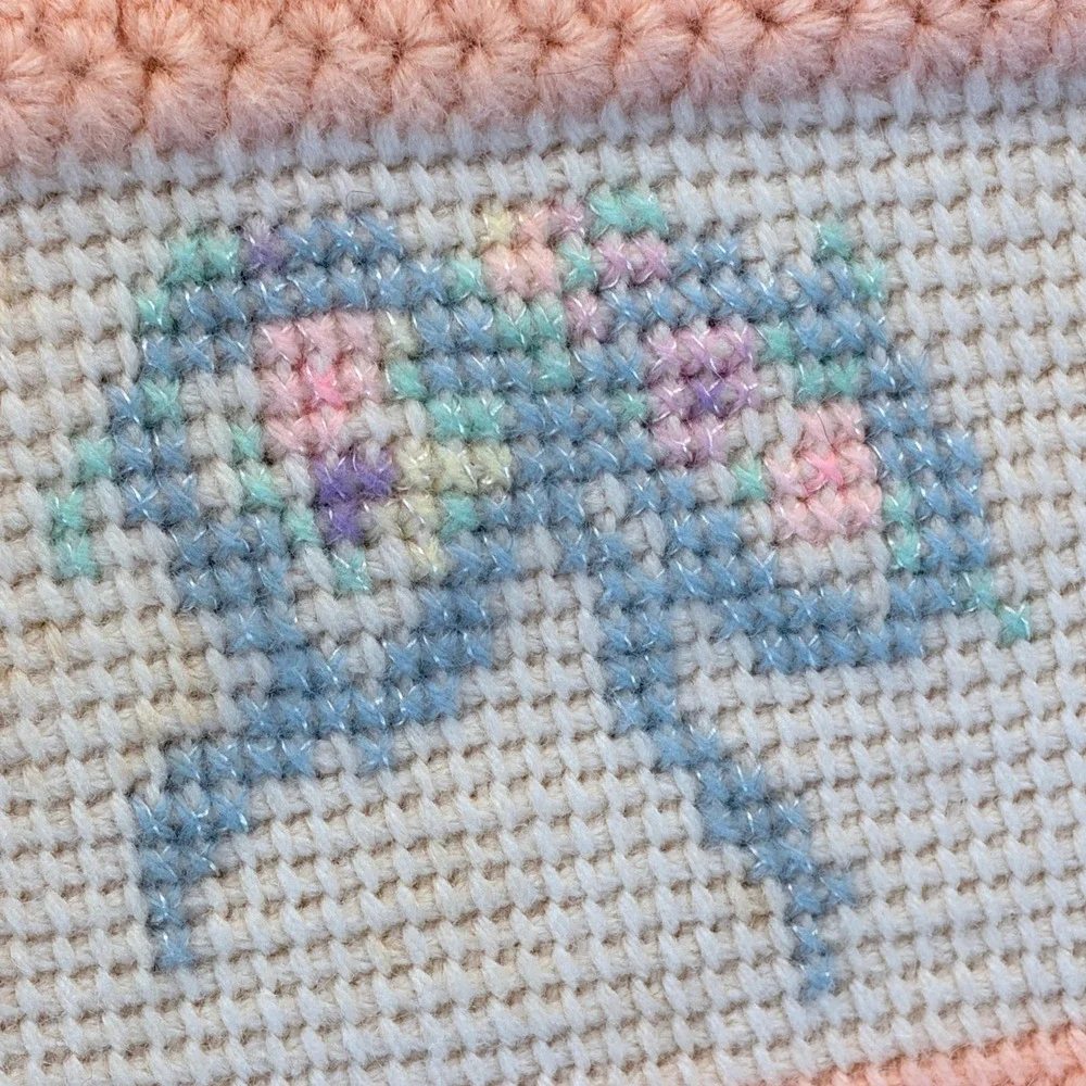 Vintage Baby Blanket Crochet Bow Floral Embroidered Satin Lined Coquette Shabby‎